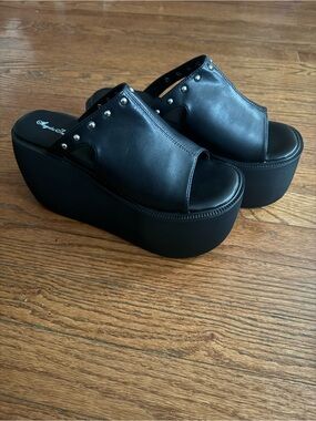 Studded Black Platform Wedge Mules